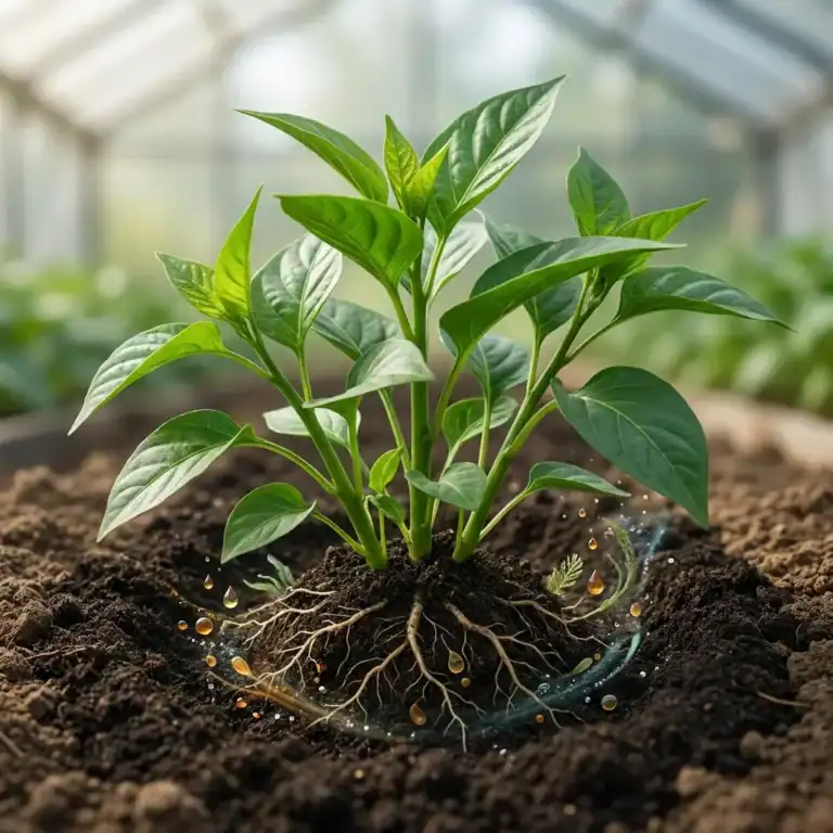 Pianta giovane in crescita in serra, simbolo di innovazione agricola.