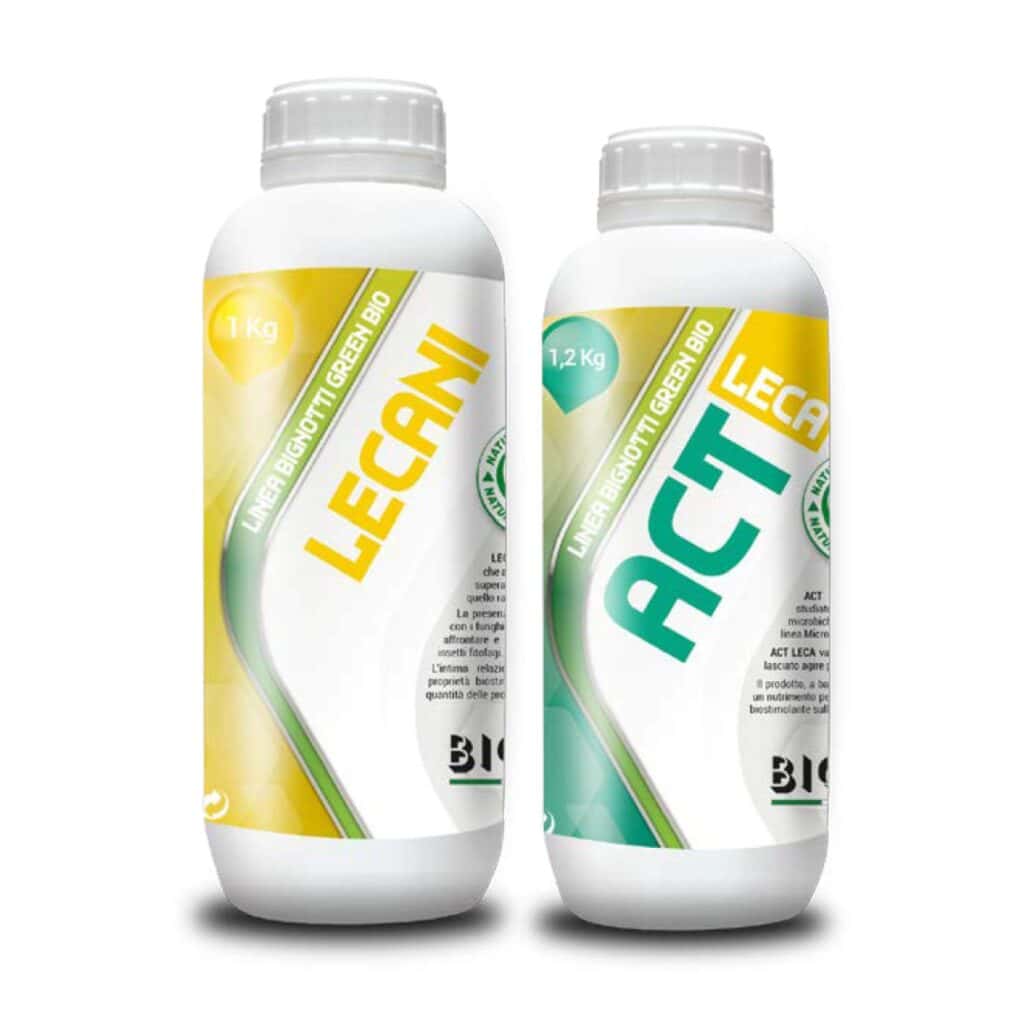 Bottiglie di fertilizzanti biologici LECACT e LECAIN.