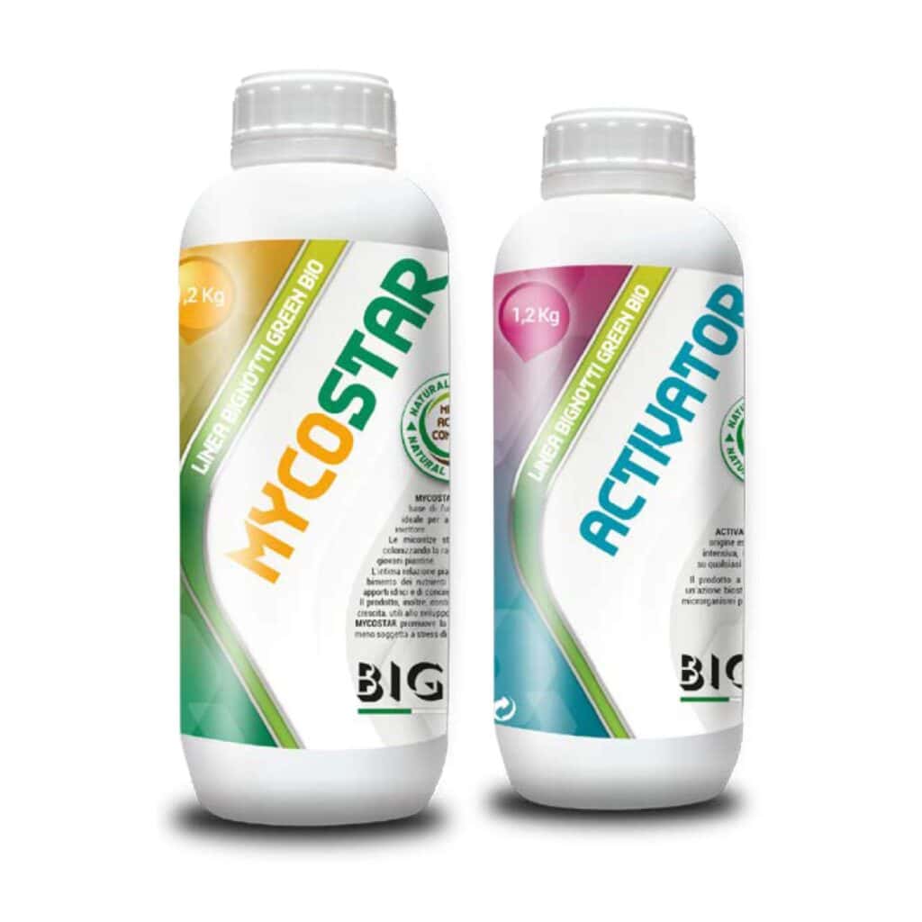 Bottiglie di fertilizzanti biologici Bignotti Greenbiotechnology.
