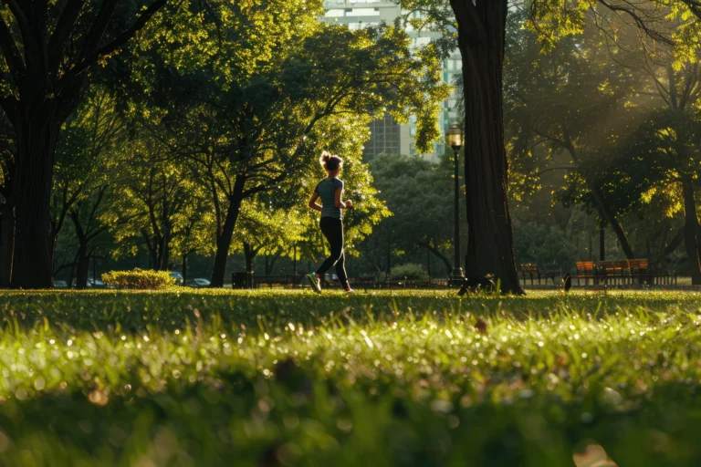 Donna che corre nel parco con alberi e luce solare.