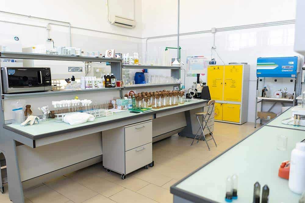 Laboratorio di biotecnologia con attrezzature scientifiche e reagenti.