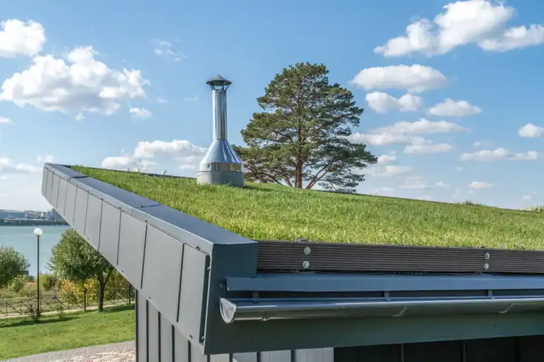 Tetto verde con sistema di ventilazione e vista su cielo e albero.