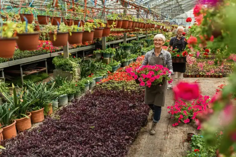 Donna in serra con piante e fiori colorati, ambiente di coltivazione biologica.