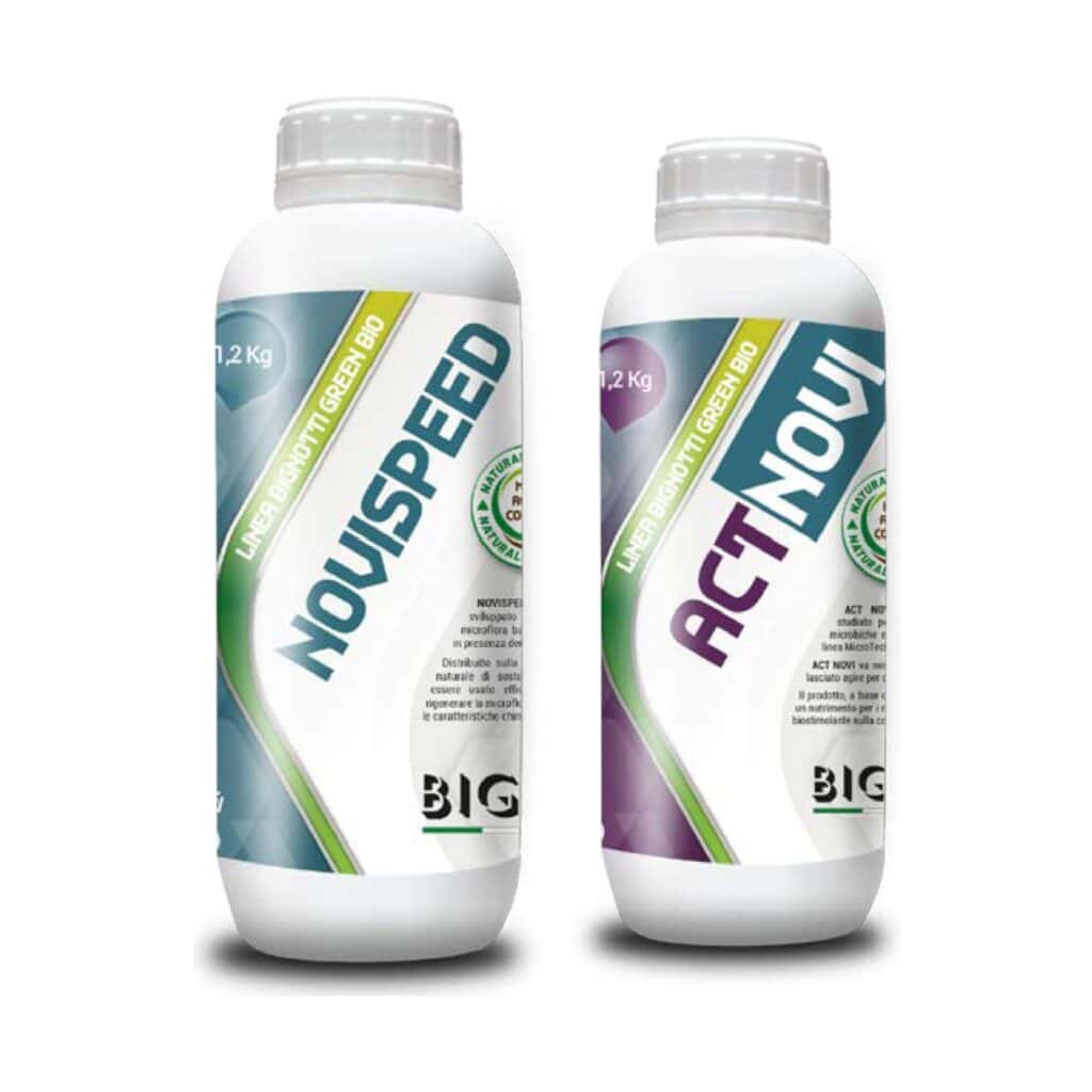 Bottiglie di fertilizzanti Novispeed e Actiovol di Bignotti Greenbiotechnology.