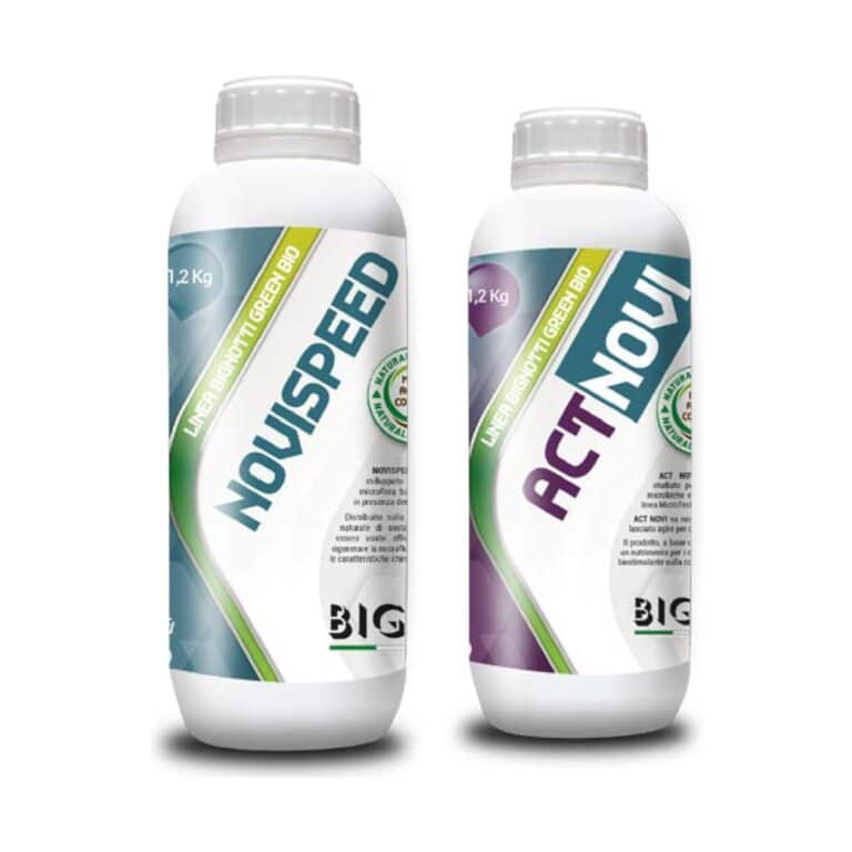 Bottiglie di fertilizzanti Novispeed e Actiovol di Bignotti Greenbiotechnology.